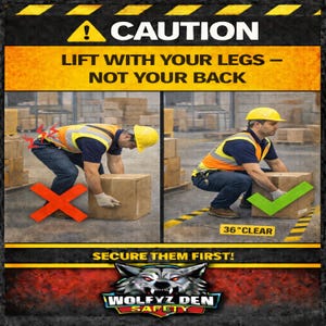 Puede incluir: Cartel de seguridad con el texto "ATENCIÓN LEVANTE CON LAS PIERNAS - NO CON LA ESPALDA". Muestra a dos trabajadores levantando cajas, uno incorrectamente y otro correctamente. El cartel también incluye el texto "¡ASEGÚRELOS PRIMERO!" y el logotipo "WOLFYZ DEN SAFETY".