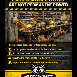 May include: A safety poster with the text "EXTENSION CORDS ARE NOT PERMANENT POWER." It lists safety tips about extension cords, including "Extension cords are for temporary use only." The poster features a wolf logo and the words "WOLFYZ DEN SAFETY."