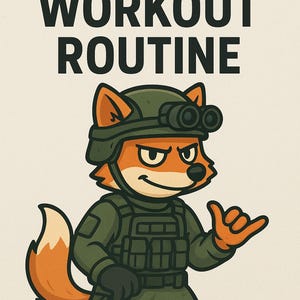 Könnte beinhalten: Illustration eines Cartoon-Fuchses in Militäruniform, mit Helm, Fernglas und taktischer Weste. Der Fuchs ist orange und weiß, mit grüner Uniform. Der Text oben lautet "MILITARY PREP WORKOUT ROUTINE."