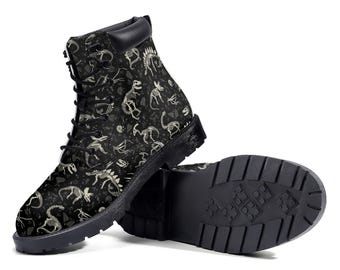 Excavated Dinosaur Fossil Print Leather Ankle Boots, Personalized Lace-Up Martin Boots with EVA Sole