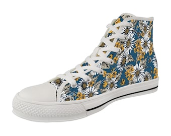 Personalized Daisy Floral High-Top Canvas Sneakers, Blue Yellow White Ink Design