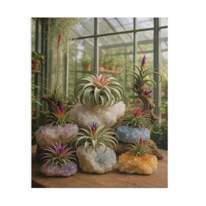 May include: A display of air plants with colourful blooms, presented on diverse crystal formations. The plants have green leaves and vibrant red, purple, and pink flowers. The crystals are in shades of white, purple, blue, and orange.