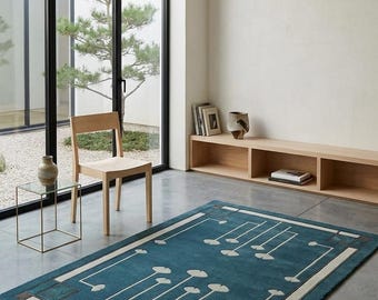 Hand Tufted Wool Rug, Art Deco Geometric Area Carpet, Teal Blue Ivory Design