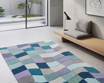 Handmade Tufted Abstract Wavy Geometric Rug, Blue Teal Lavender Contemporary Carpet