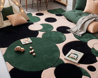 Abstract Circle Rug, Modern Geometric Tufted Carpet, Green Black Living Room Accent