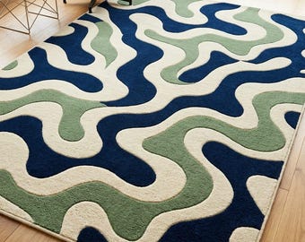Abstract Wavy Tufted Rug, Navy Blue Green Living Room Carpet