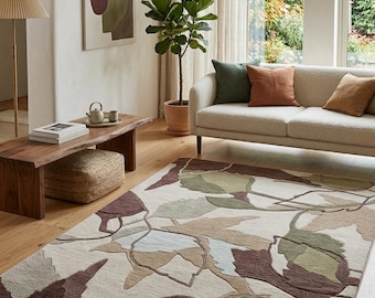 Botanical Leaf Area Rug, Hand Tufted Wool Carpet, Neutral Living Room Nature Inspired