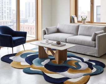 Abstract Irregular Area Rug, Hand Tufted Statement Carpet, Blue Gold Contemporary Living Room Rug