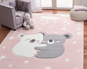 Hand-Tufted Bear Nursery Rug, Pink Sleeping Koalas, Stars, Clouds, Kids Room Carpet
