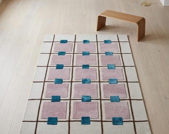 Hand Tufted Wool Rug, Modern Geometric Grid Carpet, Pink Teal Cream Minimalist Home