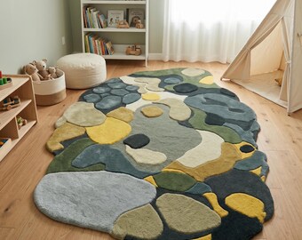 Abstract Irregular Area Rug, Organic Shape, Hand Tufted Carpet, Green Yellow Artistic Floor Rug