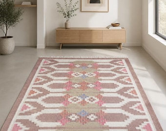 Hand Knotted Kilim Rug, Blush Pink Wool Tribal Carpet, Southwestern Boho Decor