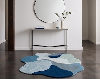 Hand Tufted Wool Rug, Abstract Organic Shape, Modern Scandinavian Carpet, Blue Tones