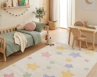 Pastel Star Nursery Rug, Soft Baby Room Carpet, Playroom Decor