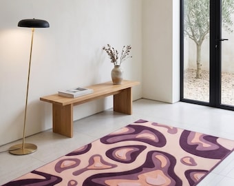 Abstract Organic Shape Rug, Retro Modern Plush Carpet, Plum Pink Living Room