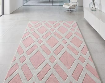 Handmade Pink Diamond Geometric Tufted Rug, Blush Modern Carpet, Nursery Decor