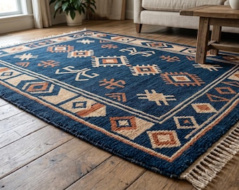 Blue Tribal Geometric Wool Rug, Southwestern Boho Living Room Carpet