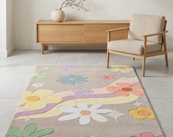 Handmade Retro Floral Tufted Rug, Pastel Boho Daisy Carpet, Nursery Room Decor