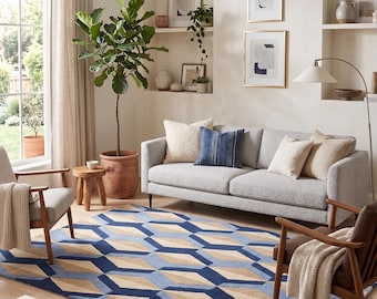 Hand Tufted Geometric Area Rug, Navy Blue Beige Scandinavian Carpet