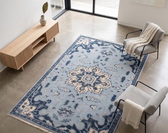Hand Knotted Wool Carpet, Blue Persian Style Floral Area Rug