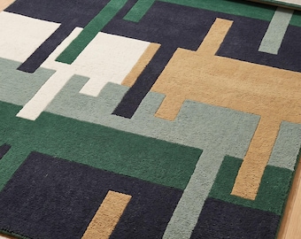 Hand Tufted Geometric Area Rug, Abstract Block Pattern Carpet, Green Blue Living Room Rug