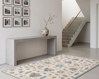 Hand Knotted Wool Rug, Floral Persian Inspired, Blue Ivory Area Carpet