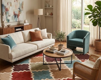 Moroccan Geometric Area Rug, Hand Tufted Boho Carpet, Beige Terracotta Living Room Southwestern Style