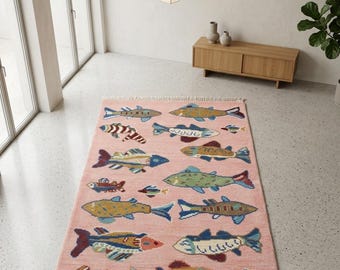 Handmade Fish Rug: Pink Ocean Nursery, Kids Room Decor, Coastal Marine Life Area Rug