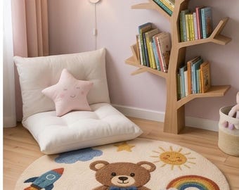 Hand Tufted Wool Teddy Bear Round Rug, Nursery Playroom Decor