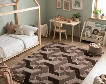 3D Geometric Area Rug, Brown Tufted Abstract Carpet, Modern Living Room Floor Rug