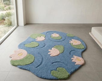 Hand Tufted Lily Pad Rug, Blue Floral Pond Carpet, Organic Wool Nursery Rug