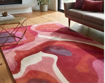 Abstract Hand Tufted Rug, Modern Pink Red Organic Carpet, Artistic Living Room Statement Piece
