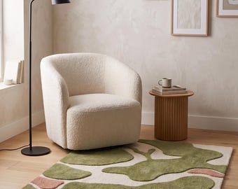 Hand Tufted Wool Rug, Organic Abstract Sage Green Area Carpet, Scandinavian Style