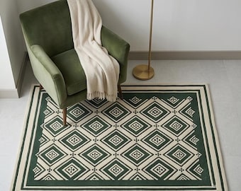 Hand Tufted Wool Rug, Geometric Diamond Pattern, Green Cream Area Carpet