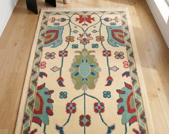 Hand Knotted Turkish Inspired Floral Area Rug, Cream Botanical Farmhouse Carpet