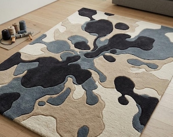 Abstract Hand Tufted Rug, Organic Shape Living Room Carpet, Beige Blue Home Décor