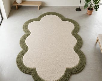 Hand Tufted Wool Rug, Organic Floral Shape, Cream Olive Green, Modern Scandinavian Carpet