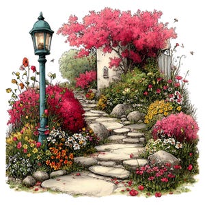 Op de afbeelding: Een kleurrijke illustratie van een tuin met een stenen pad dat naar een klein wit gebouw leidt. Het pad is omzoomd door kleurrijke bloemen en struiken in roze, geel en wit. Links staat een turquoise lantaarnpaal, en een grote roze boom op de achtergrond.