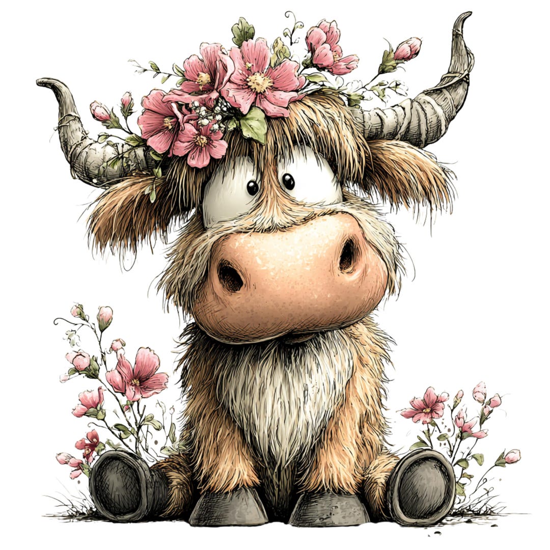 Floral Highland Cow Clipart – Watercolor Farm Animal PNG (digital ...