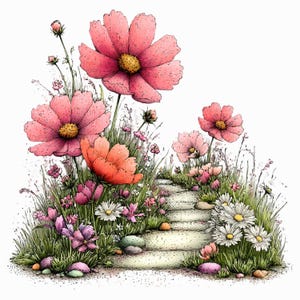 Könnte beinhalten: Aquarellillustration eines Gartenpfads mit rosa Kosmosblumen, Gänseblümchen und anderen Wildblumen. Ein Steinweg führt durch die bunten Blüten und das grüne Gras. Die Blumen haben gelbe Zentren und verschiedene Rosatöne.
