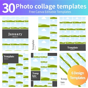 以下が含まれることがあります： 青と紫のグラデーション背景に30個の写真コラージュテンプレートが表示された画像。テンプレートには風景と雲の画像が含まれており、「1月」と「テンプレート」というテキストがあります。画像には「無料のCanva編集可能テンプレート」とも書かれています。