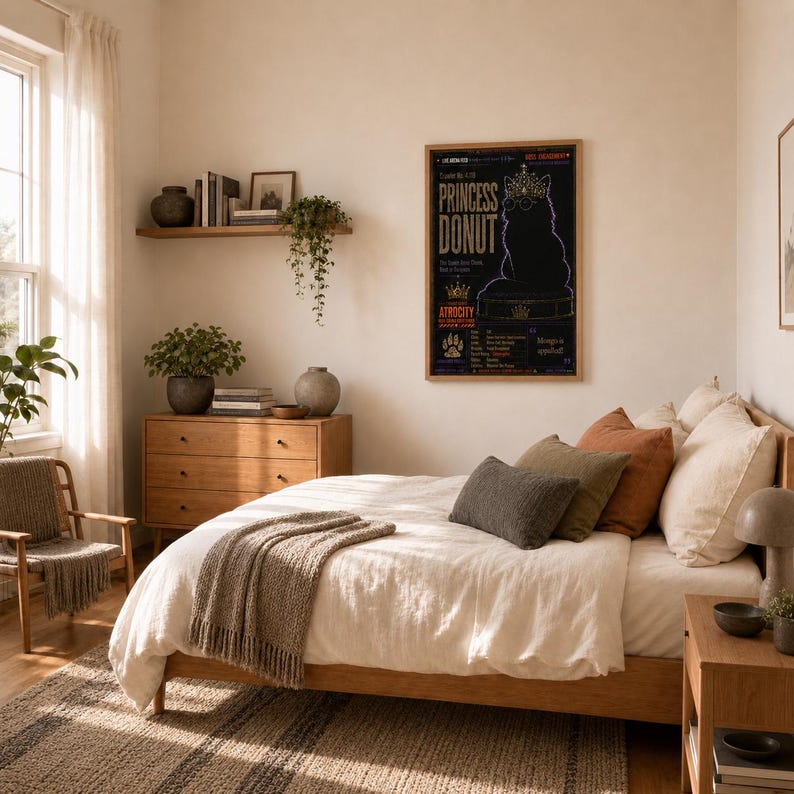 Puede incluir: Un p&oacute;ster vertical enmarcado colgado en la pared que muestra la silueta de un gato negro con corona y gafas, con el texto Princess Donut y Atrocity, en un dormitorio con estructura de cama de madera, almohadas y una c&oacute;moda.