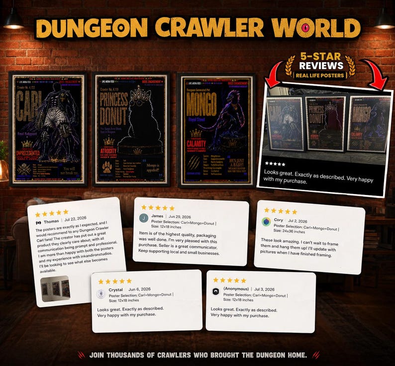 Dungeon Crawler Carl Poster Wall Art Princess Donut and Mongo Gaming Room Decor Bookish Wall Art LitRPG Fantasy Reader Gift Semi-Gloss Print imagen 2