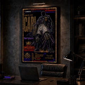 Puede incluir: Un p&oacute;ster de pared rectangular con una ilustraci&oacute;n oscura y estilizada de una figura musculosa con armadura. El texto incluye 'CARI', 'Royal Bodyguard', 'UNPRECEDENTED' y 'You will not break me.' El dise&ntilde;o utiliza acentos dorados, rojos y blancos sobre un fondo negro.