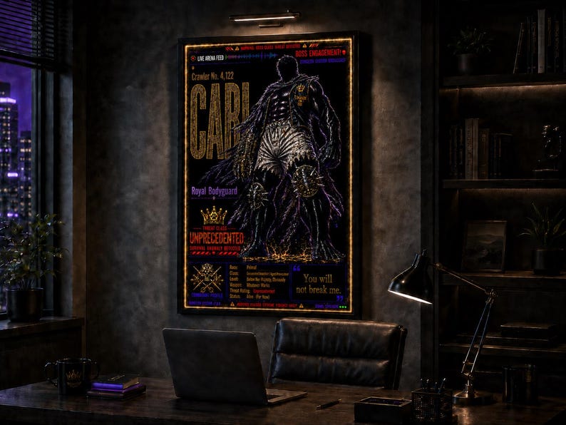 Puede incluir: Un p&oacute;ster de pared rectangular con una ilustraci&oacute;n oscura y estilizada de una figura musculosa con armadura. El texto incluye 'CARI', 'Royal Bodyguard', 'UNPRECEDENTED' y 'You will not break me.' El dise&ntilde;o utiliza acentos dorados, rojos y blancos sobre un fondo negro.