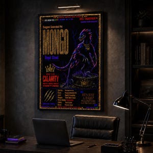 Puede incluir: Un p&oacute;ster de pared rectangular que presenta una ilustraci&oacute;n oscura y estilizada de una criatura emplumada llamada MONGO. El dise&ntilde;o incluye texto dorado, un icono de corona, marcas de garras y estad&iacute;sticas detalladas sobre un fondo negro.