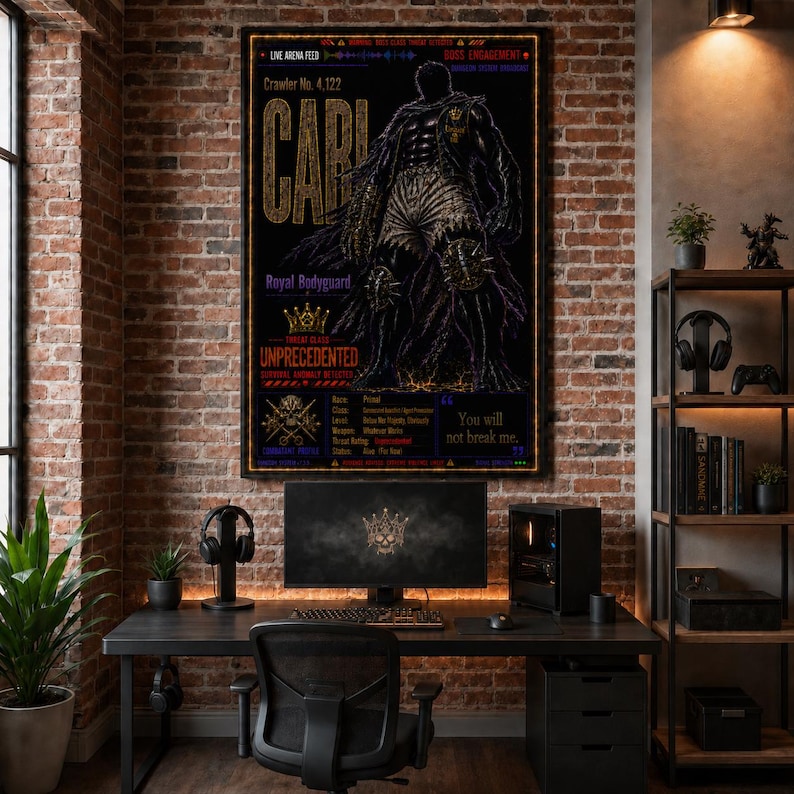 Puede incluir: Un p&oacute;ster de pared rectangular con una ilustraci&oacute;n oscura y estilizada de una figura guerrera con armadura. El texto incluye "CABI", "Crawler No. 4,122", "Royal Bodyguard", "UNPRECEDENTED" y "You will not break me" junto a varios iconos gr&aacute;ficos.