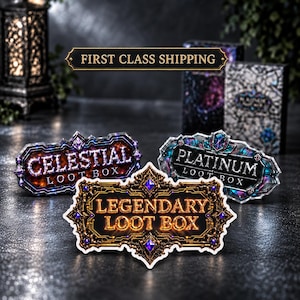 May include: Three rectangular decorative signs with ornate borders. One sign reads CELESTIAL LOOT BOX in purple and orange, one reads PLATINUM LOOT BOX in blue and silver, and the front sign reads LEGENDARY LOOT BOX in gold with purple accents.