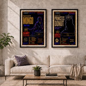 Puede incluir: Dos p&oacute;steres verticales enmarcados con fondos oscuros con texto y gr&aacute;ficos en dorado, azul y rojo. El p&oacute;ster izquierdo muestra el nombre MONGO con una ilustraci&oacute;n de criatura, mientras que el derecho muestra PRINCESS DONUT con una silueta de gato.