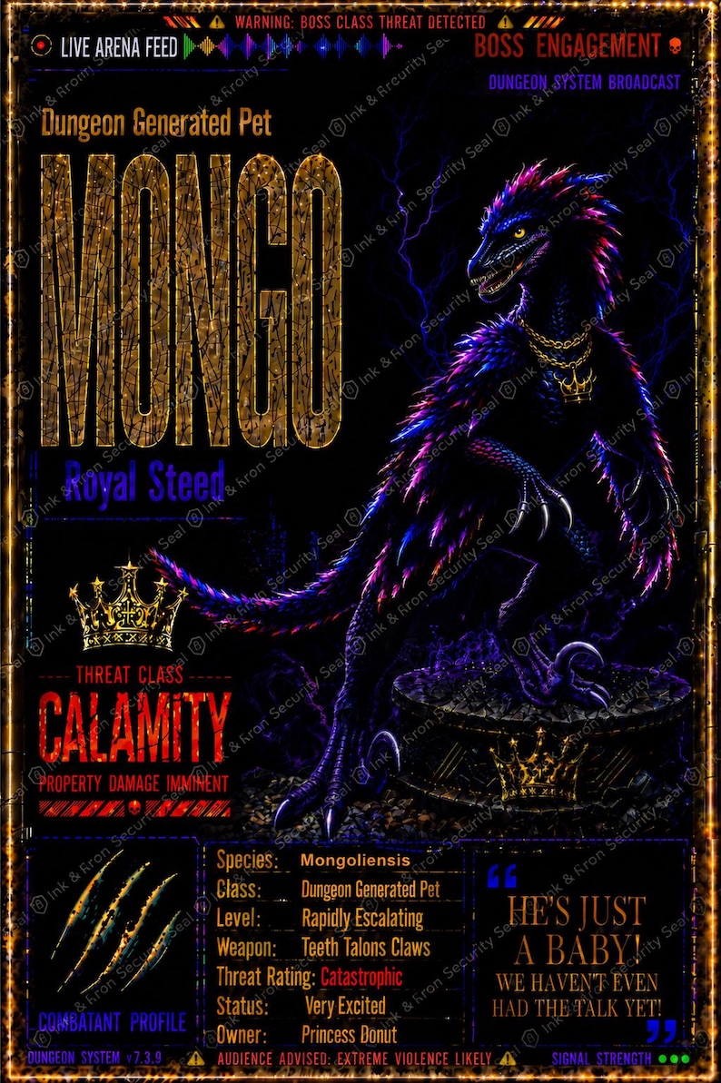 Puede incluir: Un p&oacute;ster digital que muestra una criatura oscura con plumas y reflejos p&uacute;rpuras, que lleva una cadena y una corona de oro. El texto incluye "Dungeon Generated Pet MONGO", "Royal Steed", "CALAMITY" y "HE'S JUST A BABY! WE HAVEN'T EVEN HAD THE TALK YET!"